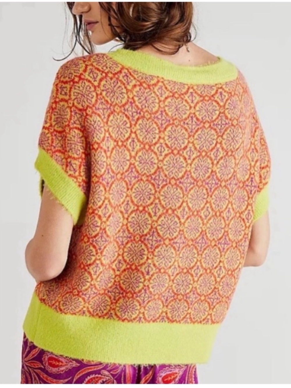 Free People Through the Motions Vest Neon Lime & Coral Patterned V-Neck Sweater - Picture 6 of 6